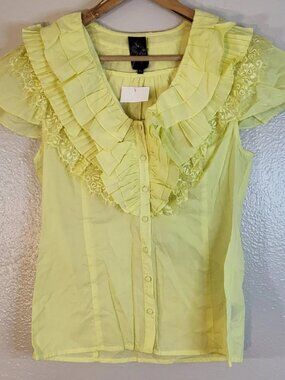 BLACK Yellow Ruffle Lace Cotton Blouse L NWT Romantic Cottagecore Boho Top